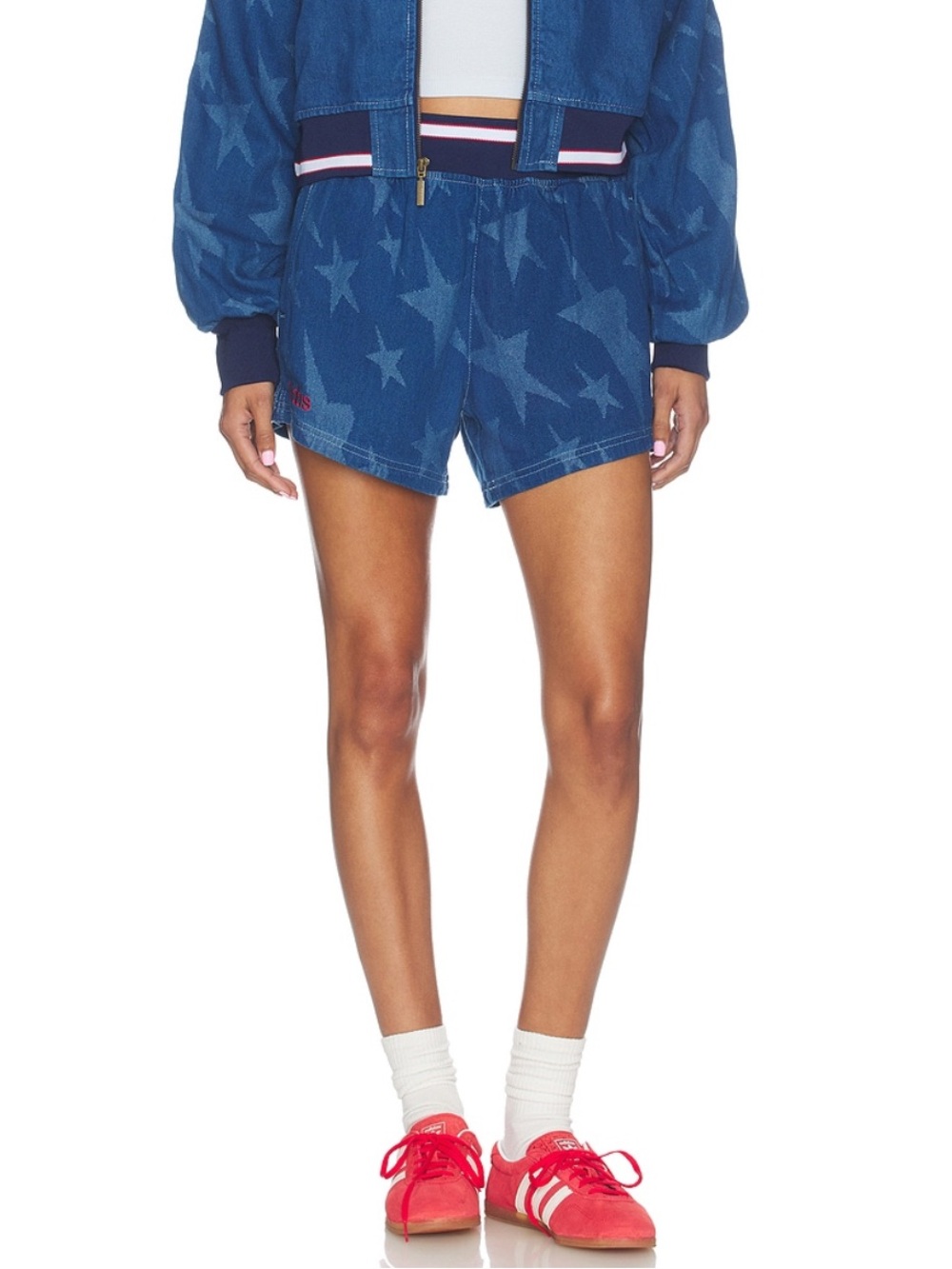 Adidas Denim Graphic Varsity Shorts Blue Stars Women’s Size Small 100% Cotton